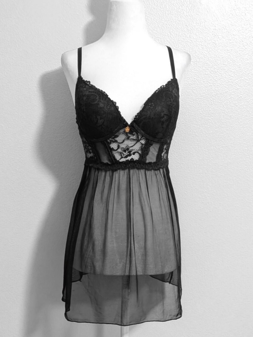 Daisy Fuentes Black Gothic Sheer Lace Babydoll Slip Dress | Size L